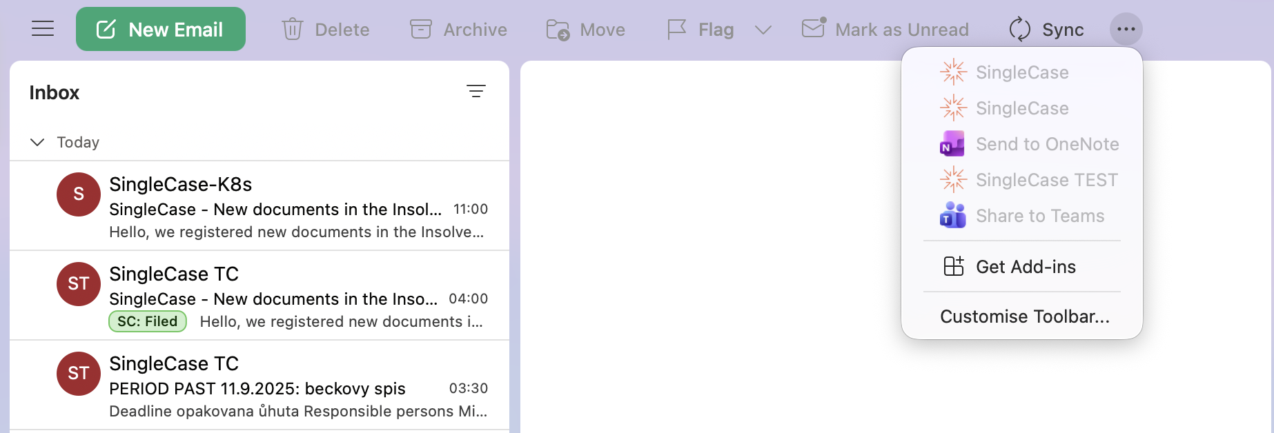Outlook with no email selected — SingleCase button is greyed out